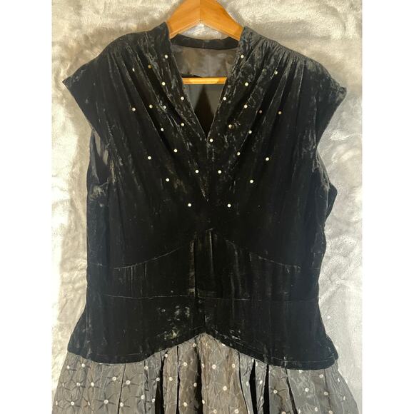 Vtg 1950s velvet taffeta cocktail dress L/XL silver atomic print rhinestone VLV - Picture 10 of 11